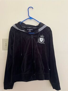 Karl Lagerfeld Black Velour Zip-Up Hoodie with Crest